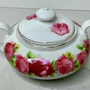 Vintage Sugar Bowl with Lid Pink Roses Unbranded Preowned
